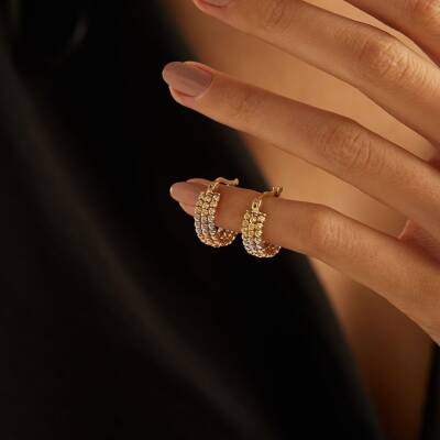 Üç Renkli Üçlü Dorika Toplu Halka Altın Küpe - 3