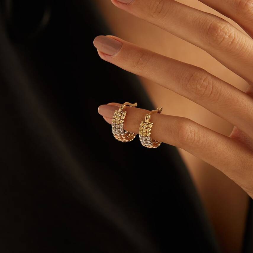 Üç Renkli Üçlü Dorika Toplu Halka Altın Küpe - 3