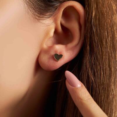 Vidalı Plaka Kalp Altın Küpe - 1