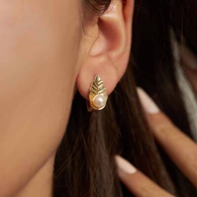 Yapraklı İnci Altın Küpe - 1