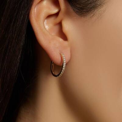 Yarısı Taşlı Halka Altın Küpe - 1