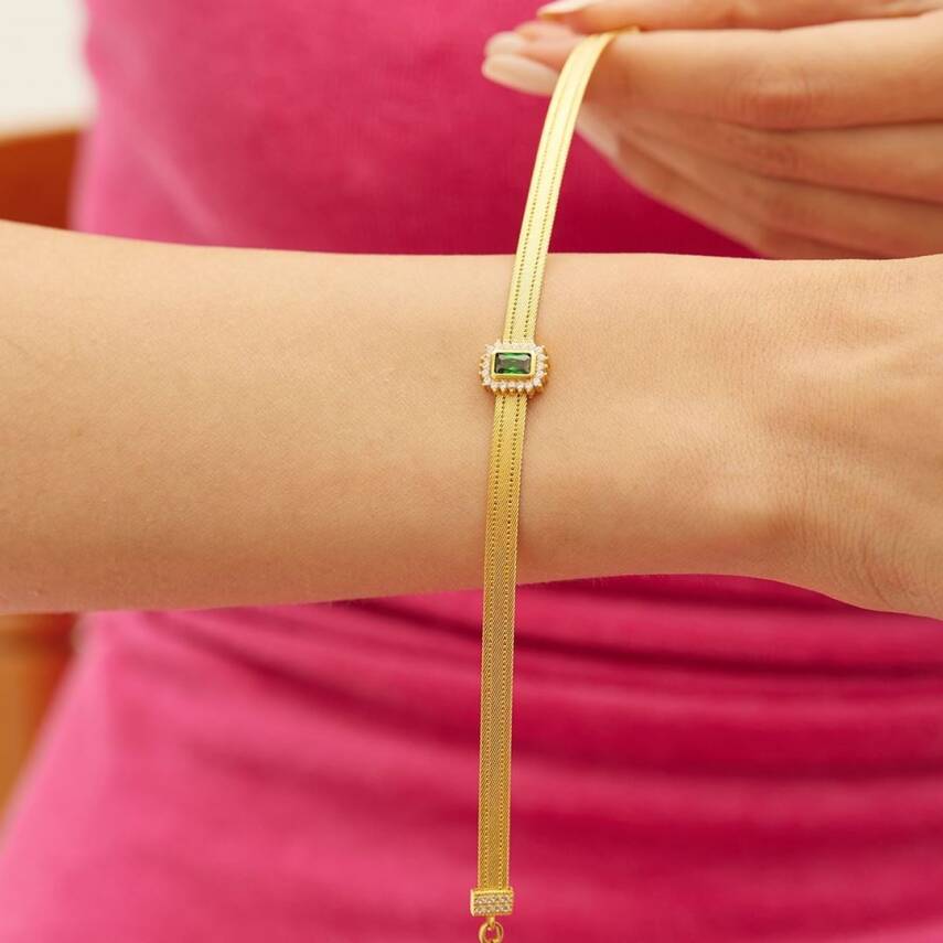 Altın Yeşil Baget Taşlı Hasır Bileklik - Semih Haşhaş Kuyumculuk