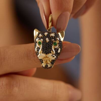 Yeşil Gözlü Siyah Taşlı Kaplan Altın Kolye Ucu - 1