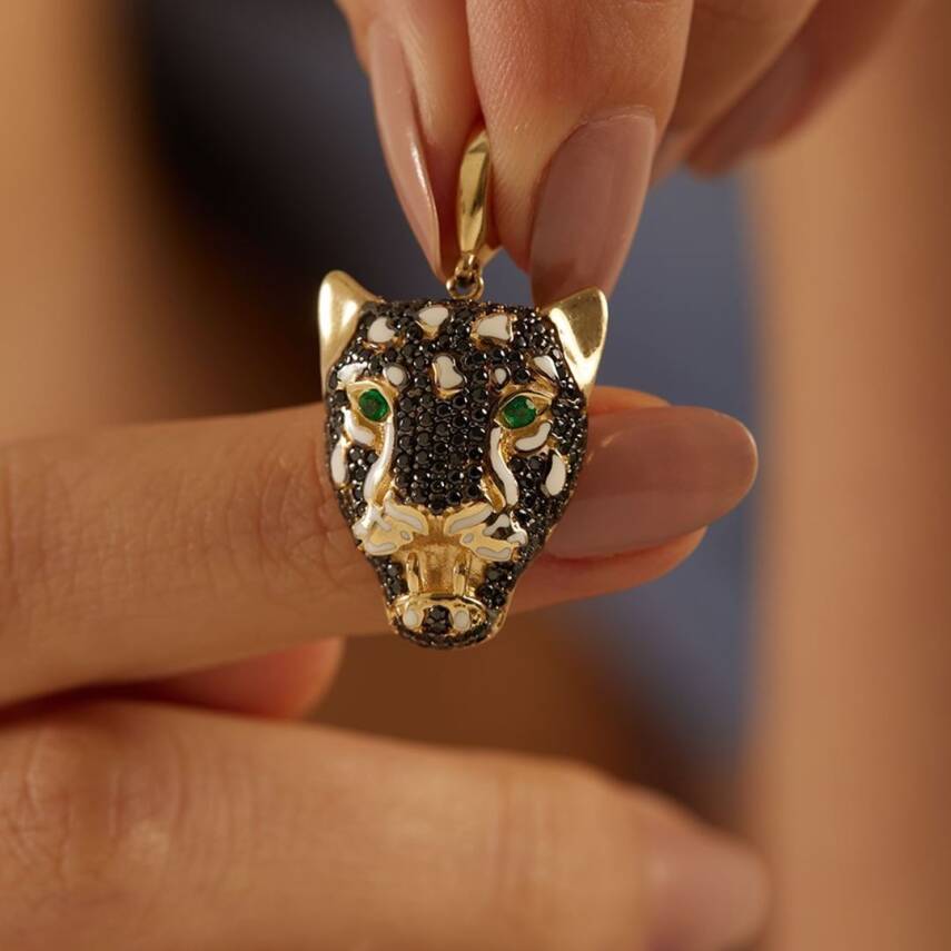 Yeşil Gözlü Siyah Taşlı Kaplan Altın Kolye Ucu - Semih Haşhaş Kuyumculuk