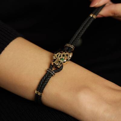 Yeşil Kaplan Gözlü Siyah İpli Altın Bileklik - 2