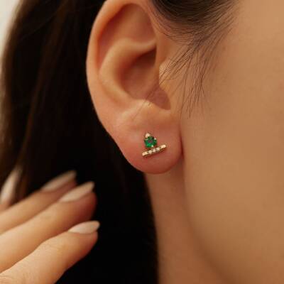 Yeşil Kare Taşlı Altın Küpe - 1