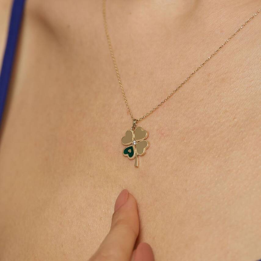 Yeşil Mineli Kalpli Yonca Altın Kolye - Semih Haşhaş Kuyumculuk