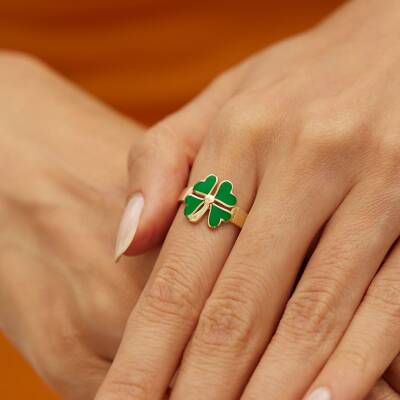 Yeşil Mineli Yonca Altın Yüzük - 1