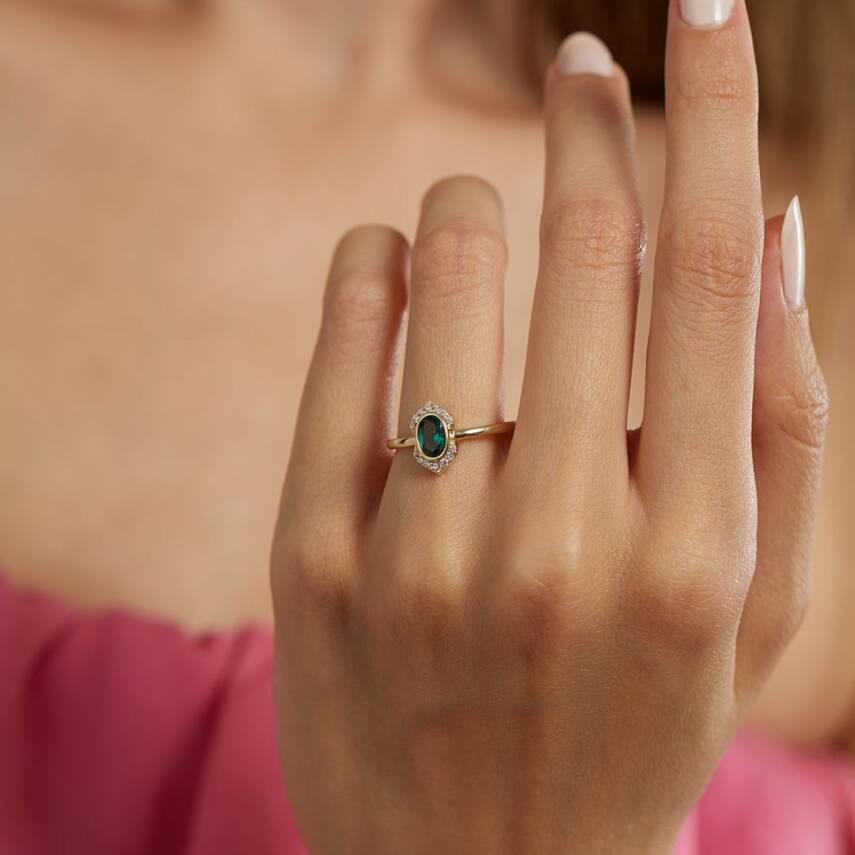 Yeşil Taşlı Altın Yüzük - 1