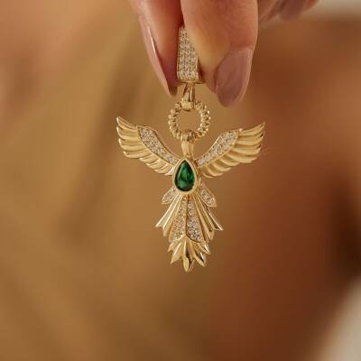 Yeşil Taşlı Anka Kuşu Altın Kolye Ucu - 1