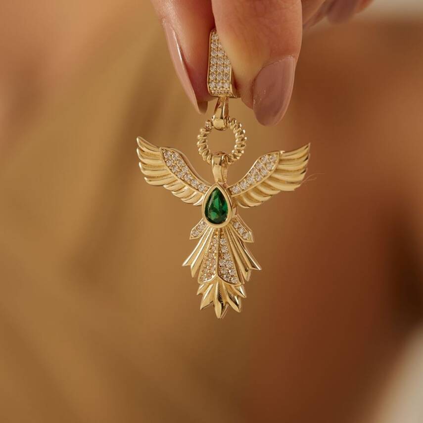Yeşil Taşlı Anka Kuşu Altın Kolye Ucu - Semih Haşhaş Kuyumculuk