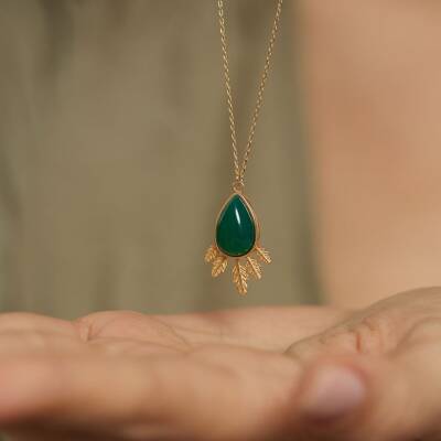 Yeşil Taşlı Damla Altın Kolye - 2