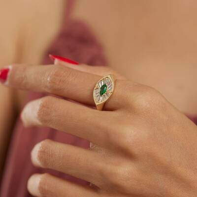 Yeşil Taşlı Göz Şövalye Altın Yüzük - 1
