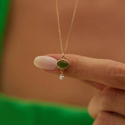 Yeşil Taşlı İnci Altın Kolye - 3