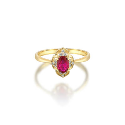 Pembe Taşlı Oval Kesim Altın Yüzük - 1