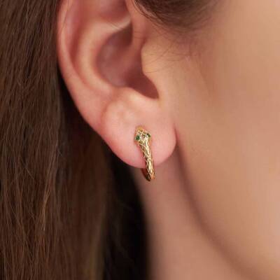 Yeşil Taşlı Yılan Altın Küpe - 1