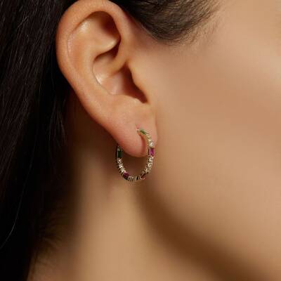 Yeşil Ve Pembe Taşlı Altın Halka Küpe - 1