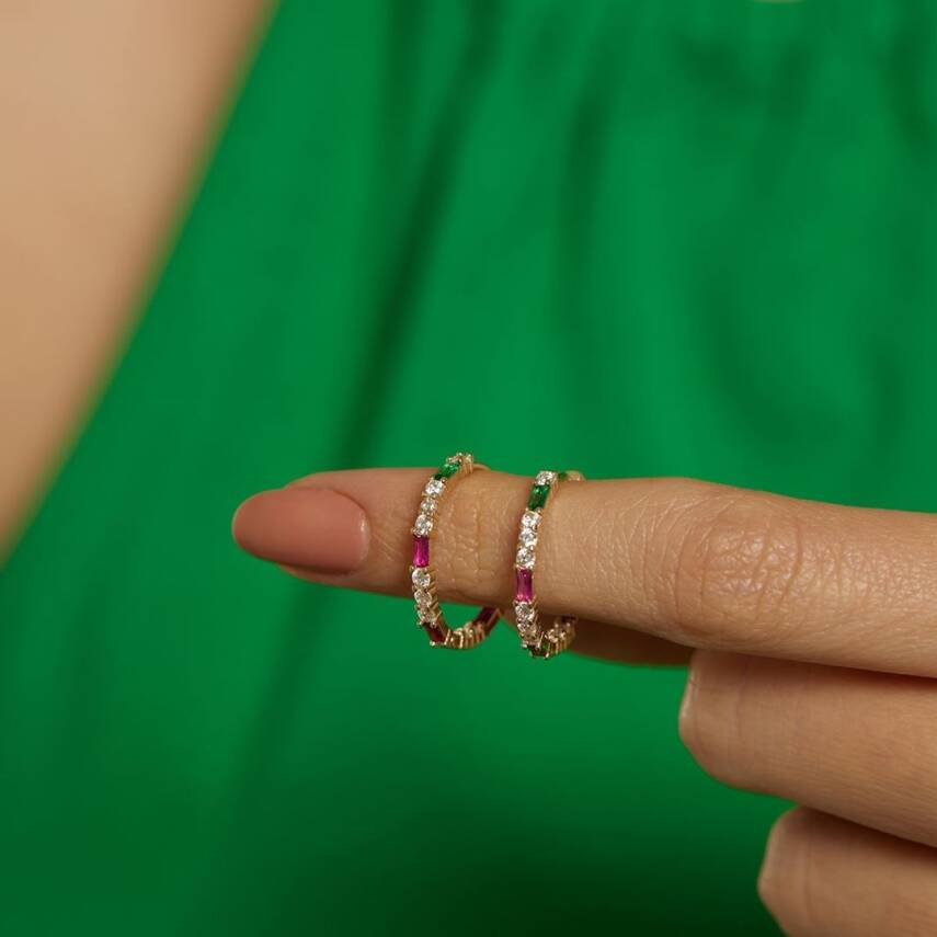 Yeşil Ve Pembe Taşlı Altın Halka Küpe - Semih Haşhaş Kuyumculuk (1)