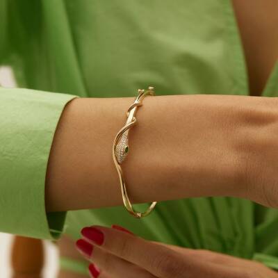 Yılan Figürlü Taşlı Altın Tasarım Bilezik - 1