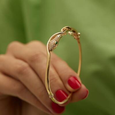 Yılan Figürlü Taşlı Altın Tasarım Bilezik - 2