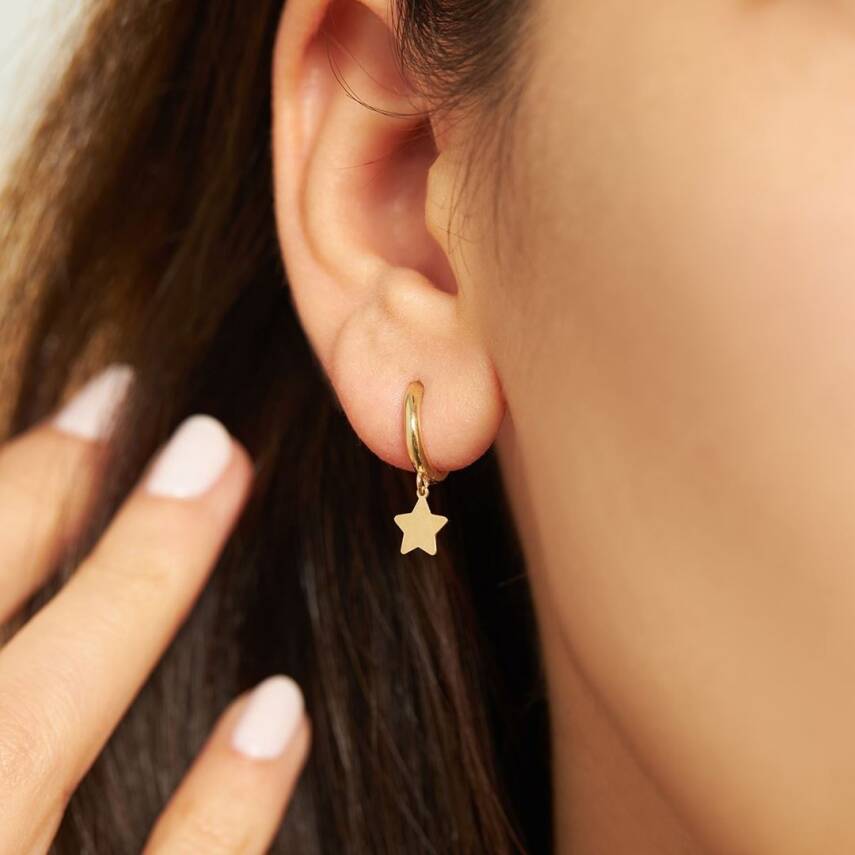 Yıldız Sallantılı Altın Halka Küpe - Semih Haşhaş Kuyumculuk