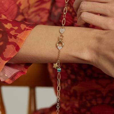 Yıldız Sallantılı Taşlı Kilitli Altın Zincir Bileklik - 1