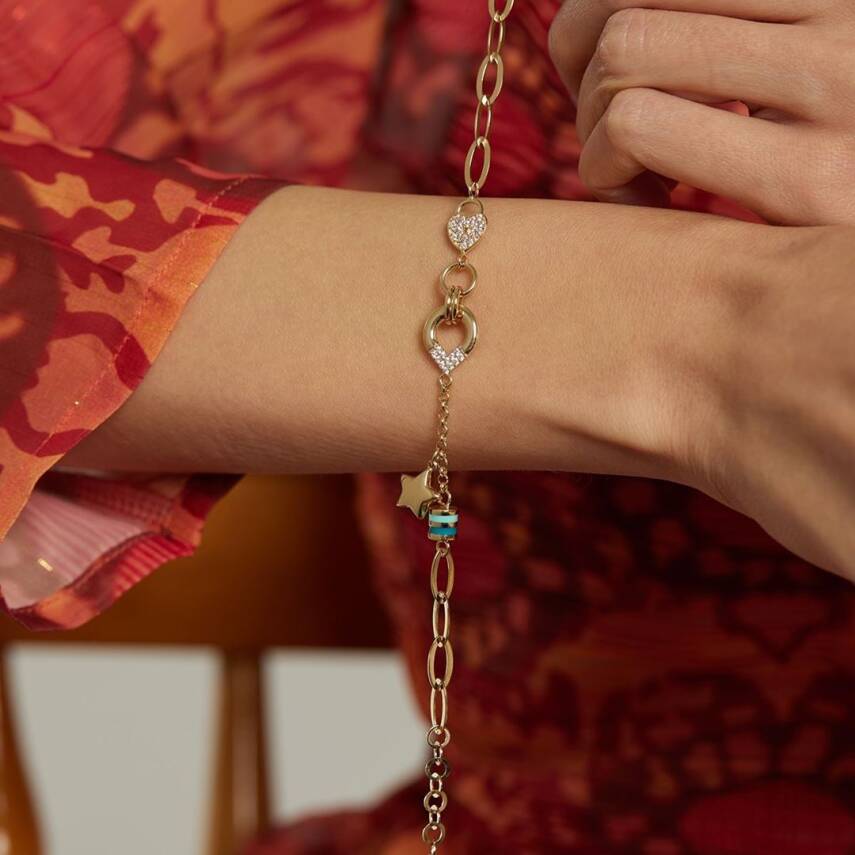 Yıldız Sallantılı Taşlı Kilitli Altın Zincir Bileklik - 1