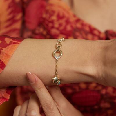 Yıldız Sallantılı Taşlı Kilitli Altın Zincir Bileklik - 2