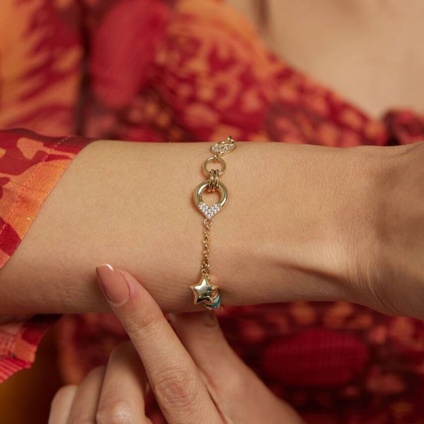 Yıldız Sallantılı Taşlı Kilitli Altın Zincir Bileklik - 2