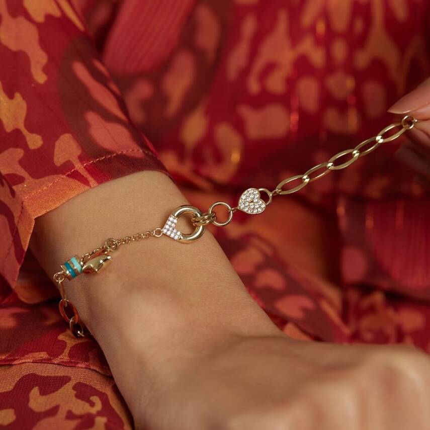 Yıldız Sallantılı Taşlı Kilitli Altın Zincir Bileklik - 3