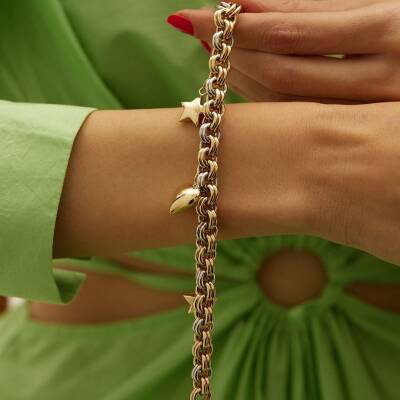 Yıldız Ve Kalp Sallantılı Kalın Zincir Altın Bileklik - 1