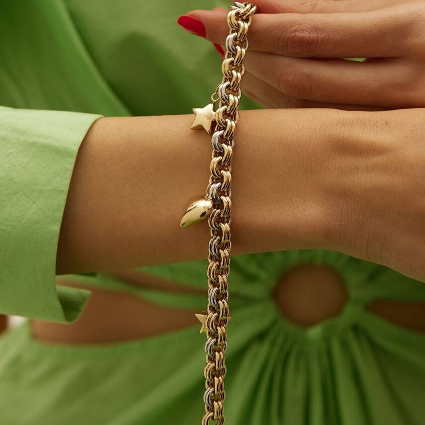 Yıldız Ve Kalp Sallantılı Kalın Zincir Altın Bileklik - Semih Haşhaş Kuyumculuk