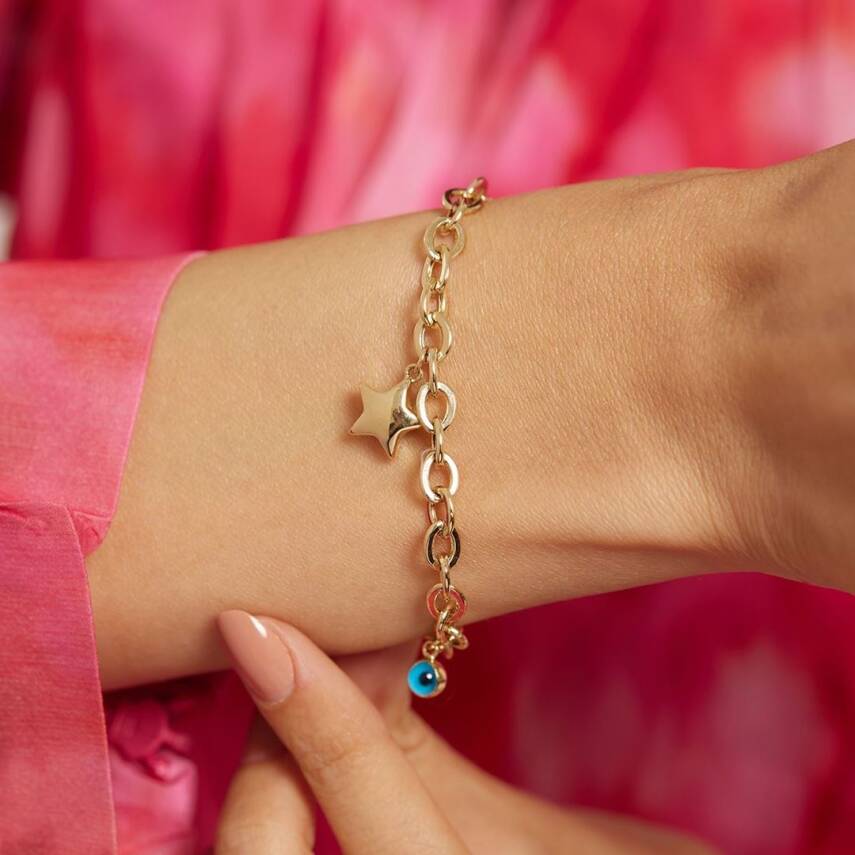 Yıldız Ve Nazar Boncuğu Sallantılı Altın Zincir Bileklik - Semih Haşhaş Kuyumculuk