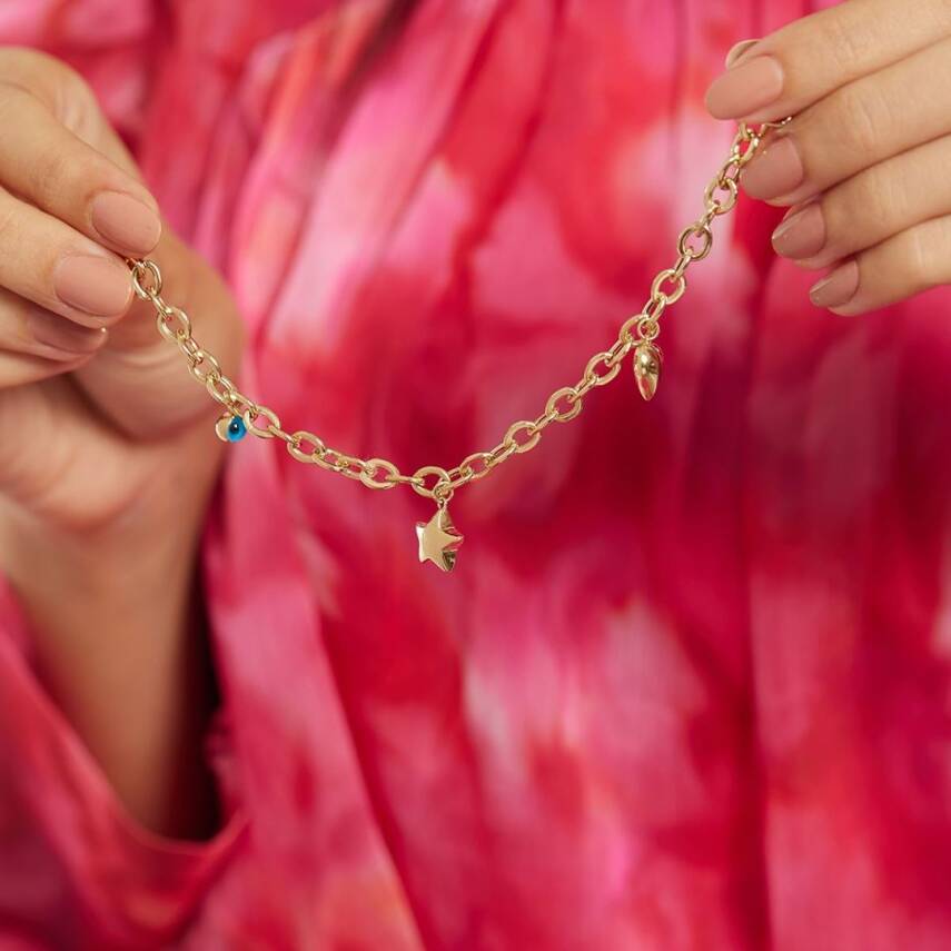 Yıldız Ve Nazar Boncuğu Sallantılı Altın Zincir Bileklik - 3