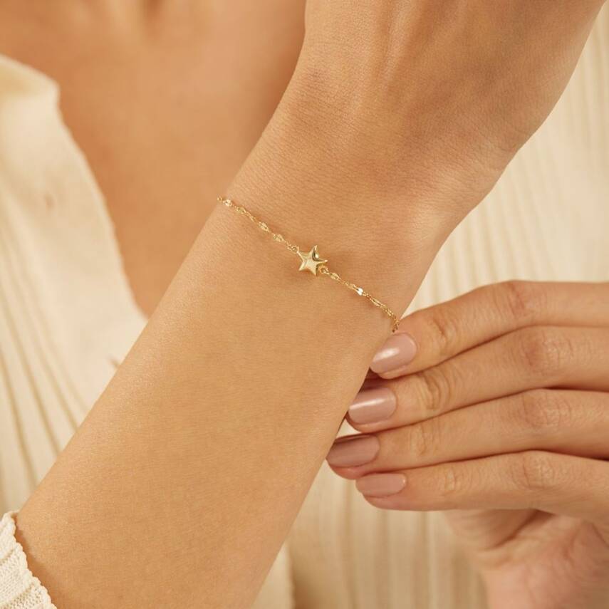 Yıldızlı Aynalı Zincirli Minimal Altın Bileklik - Semih Haşhaş Kuyumculuk