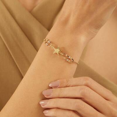 Yıldızlı Ve Dorika Top Detaylı Altın Bileklik - 2