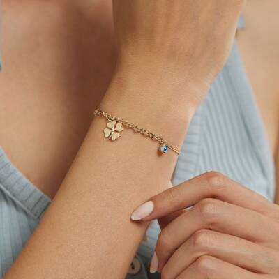 Yonca Ve Nazar Boncuklu Altın Zincir Bileklik - 1