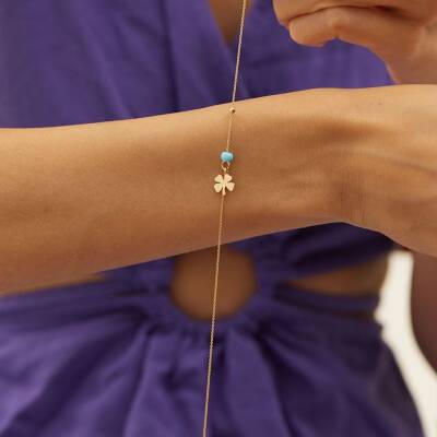 Yoncalı Turkuaz Boncuklu Minimal Altın Bileklik - 1