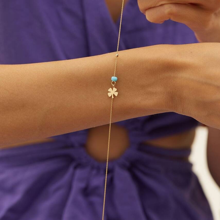 Yoncalı Turkuaz Boncuklu Minimal Altın Bileklik - Semih Haşhaş Kuyumculuk