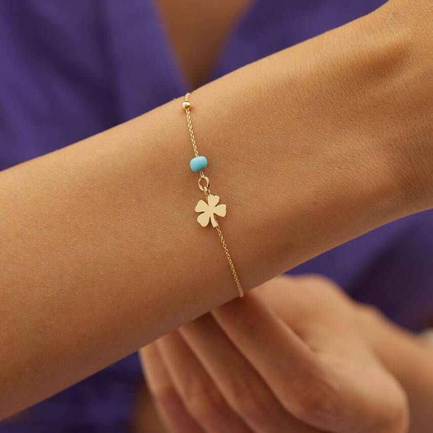 Yoncalı Turkuaz Boncuklu Minimal Altın Bileklik - Semih Haşhaş Kuyumculuk (1)