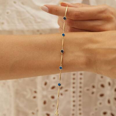 Yuvarlak Lacivert Taşlı Altın Zincir Bileklik - 1