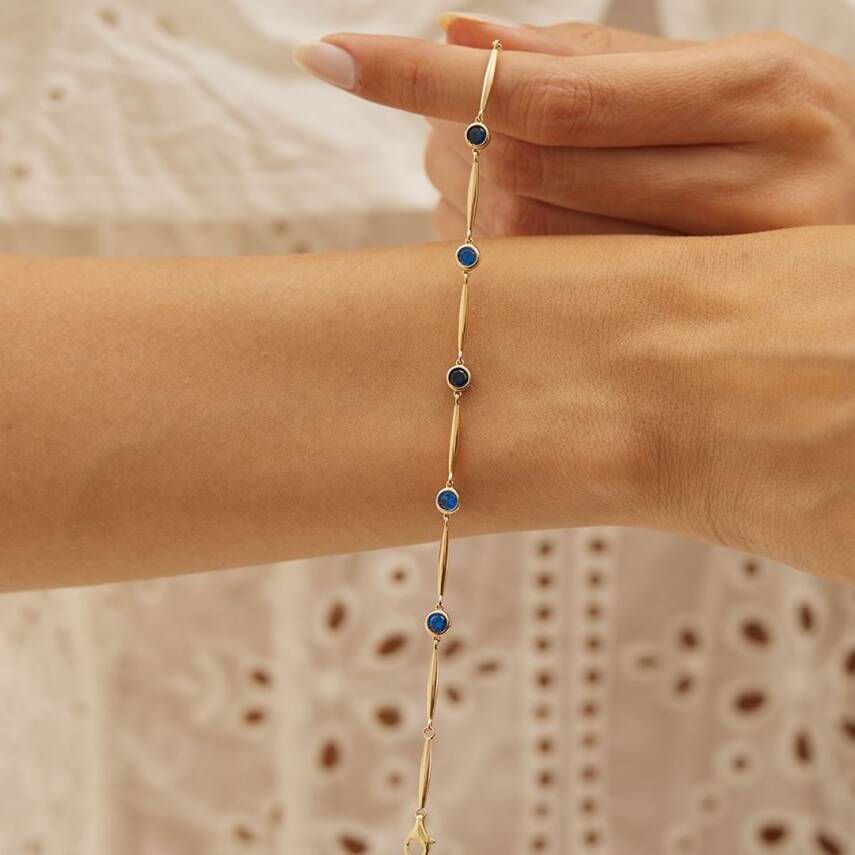 Yuvarlak Lacivert Taşlı Altın Zincir Bileklik - Semih Haşhaş Kuyumculuk