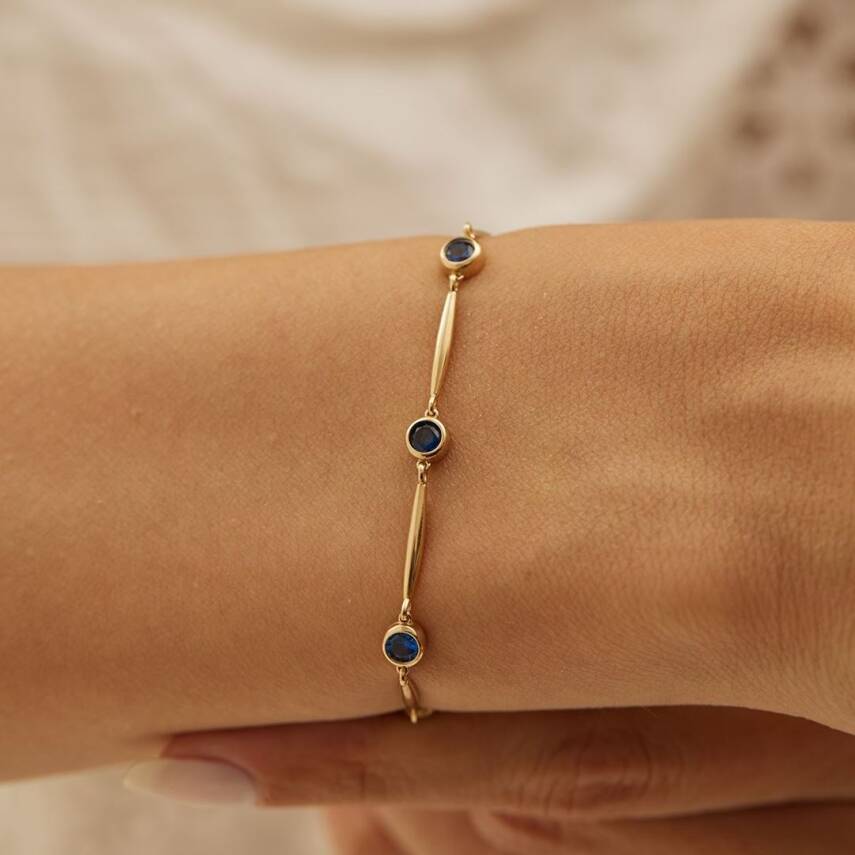 Yuvarlak Lacivert Taşlı Altın Zincir Bileklik - Semih Haşhaş Kuyumculuk (1)