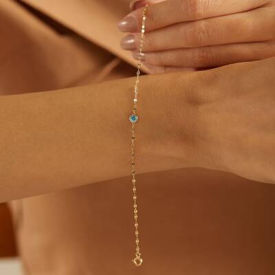 Yuvarlak Mavi Taşlı Aynalı Zincir Minimal Altın Bileklik - 1