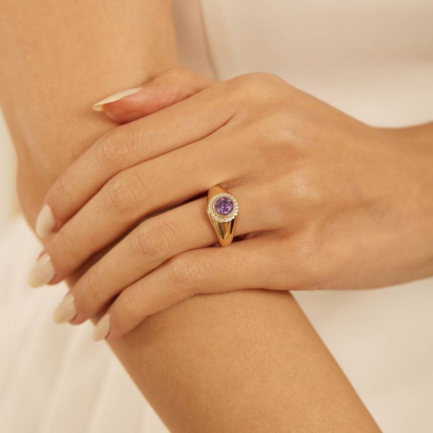 Yuvarlak Mor Taşlı Şövalye Altın Yüzük - Semih Haşhaş Kuyumculuk
