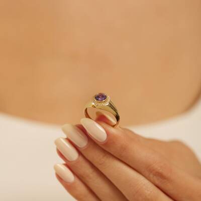 Yuvarlak Mor Taşlı Şövalye Altın Yüzük - 2