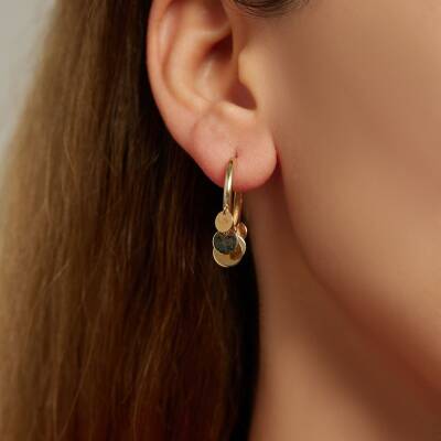 Yuvarlak Pul Sallantılı Halka Altın Küpe - 1