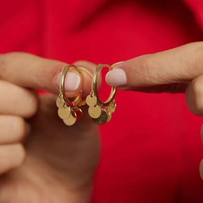 Yuvarlak Pul Sallantılı Halka Altın Küpe - 2