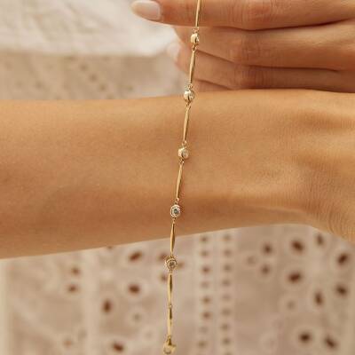 Yuvarlak Taşlı Altın Zincir Bileklik - 1