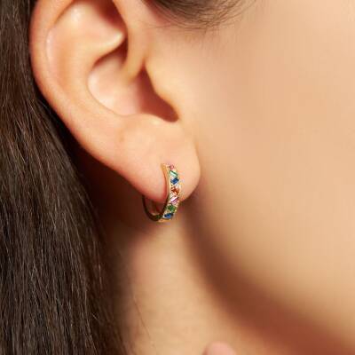 Zikzak Tasarımlı Renkli Taş Dizili Altın Halka Küpe - 1